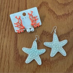 Starfish and Coral Pearl Accent Fashion Earrings Set Dangle and Post